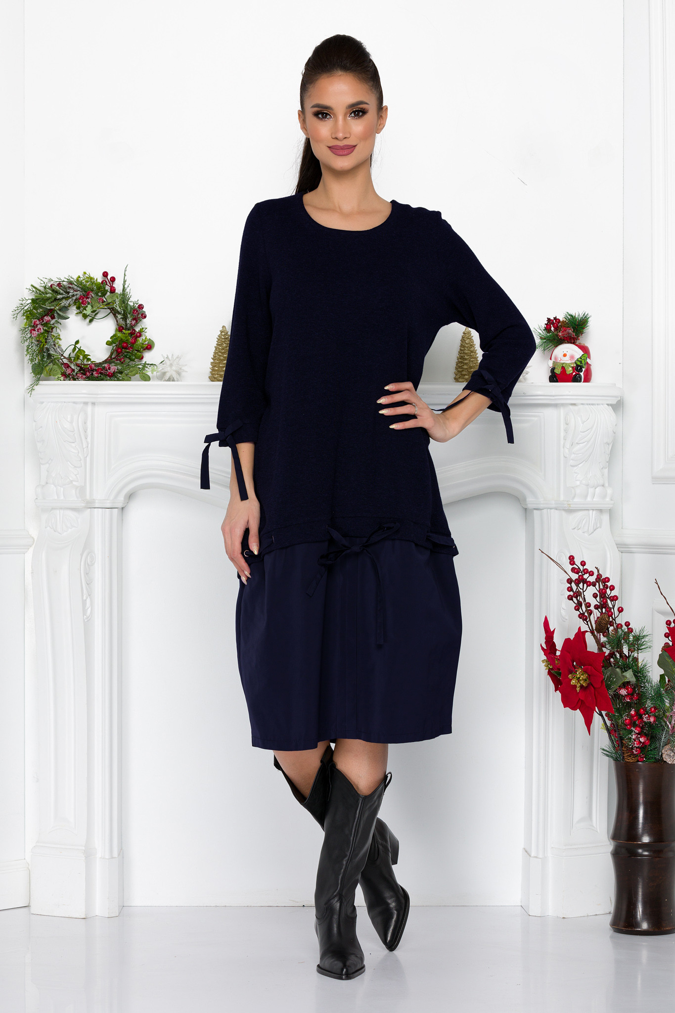 Rochie Bleumarin casual de zi din tricot si fas pentru shopping sau intalnirile cu prietenii Elaine