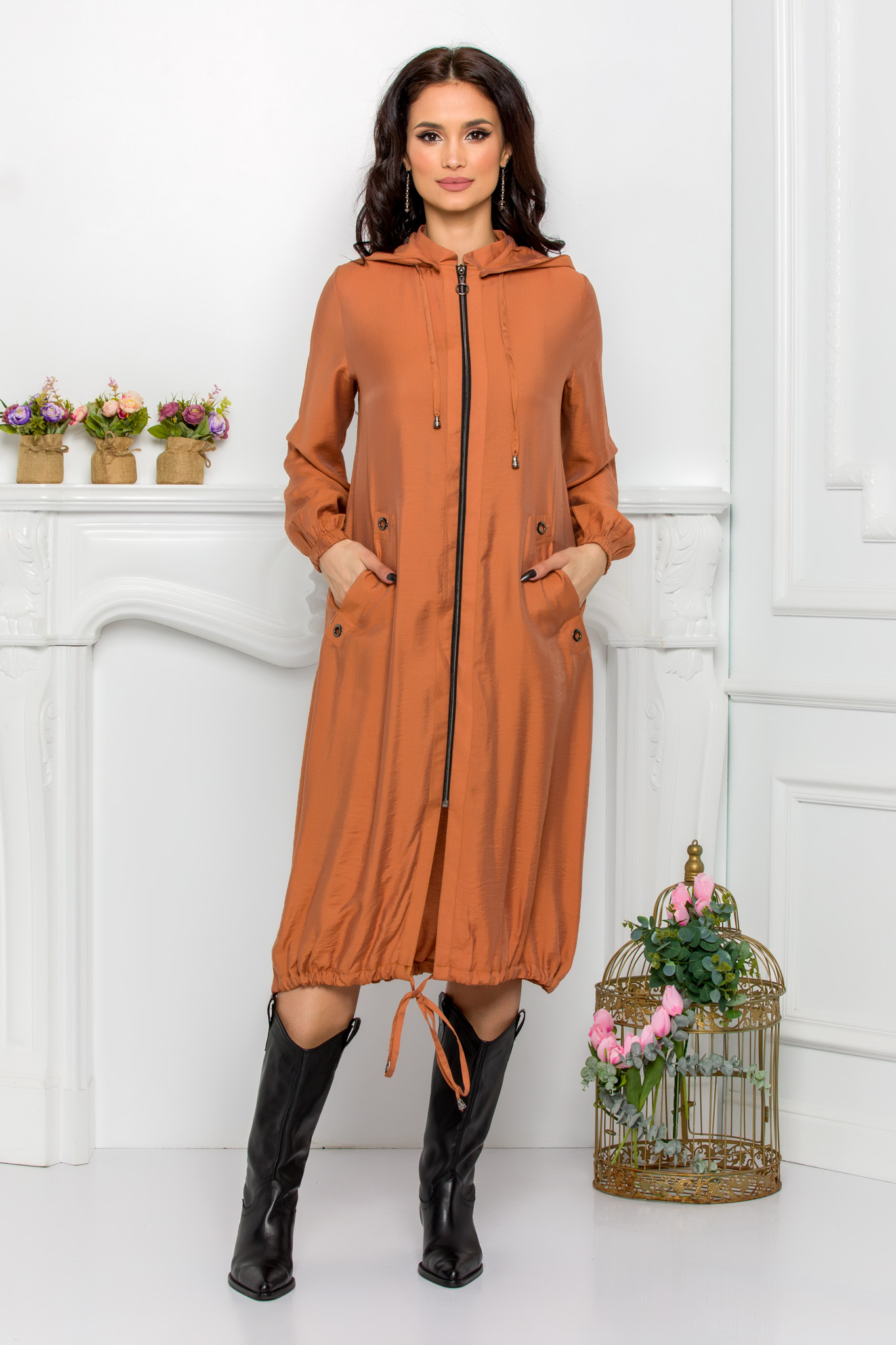 Rochie Caramel casual de zi din voal creponat cu maneci lungi si buzunare Sadie