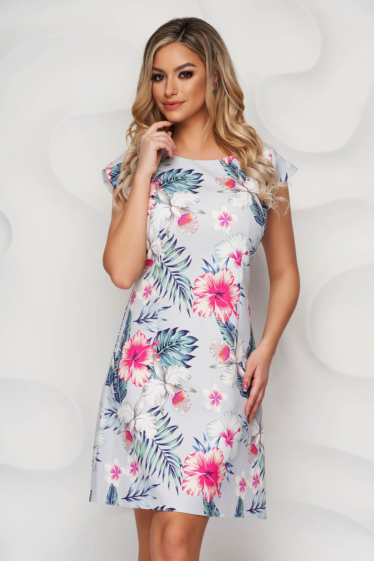 Rochie de vara gri deschis cu imprimeu floral si decolteu rotunjit Lady Pandora