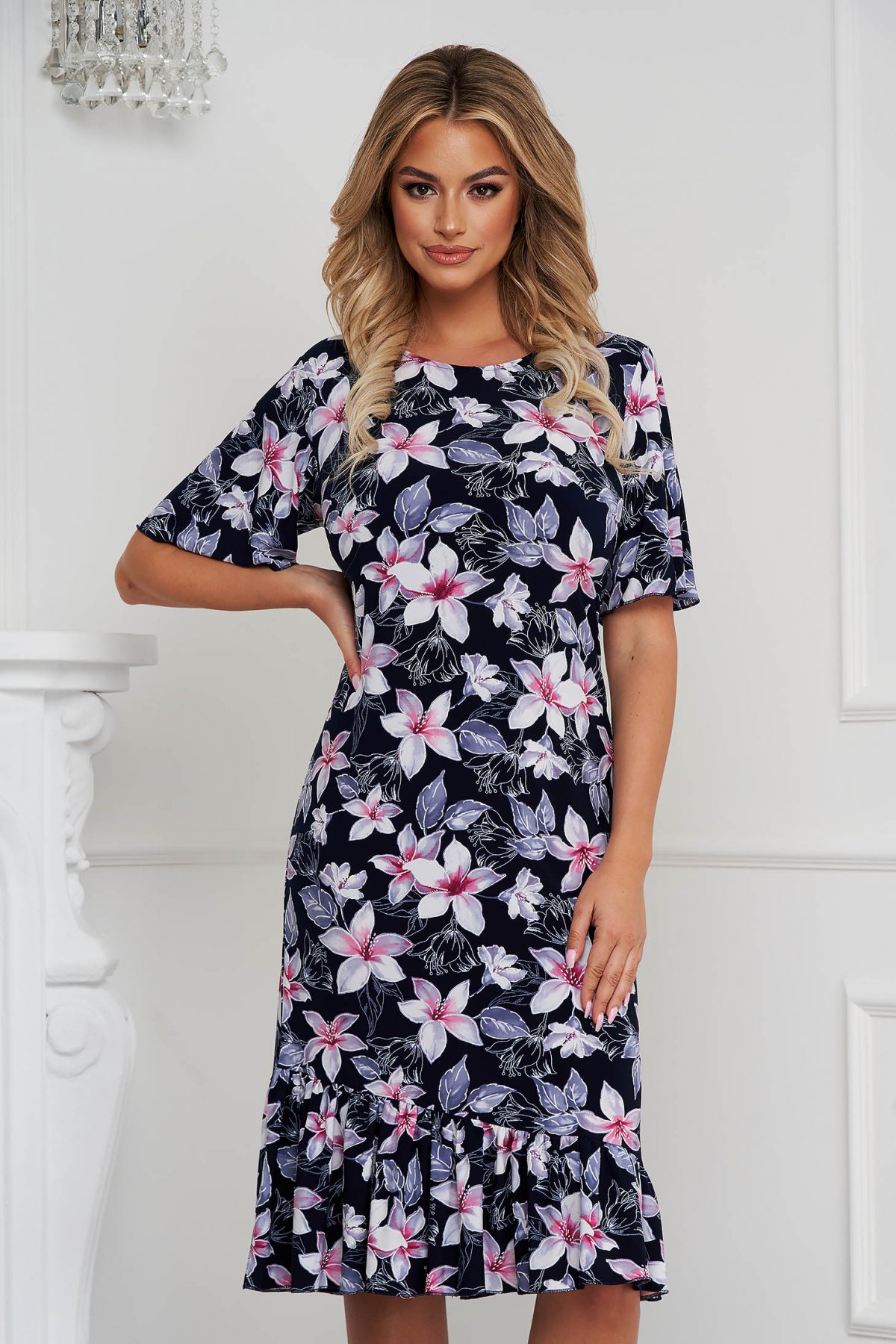 Rochie de vara bleumarin cu volanase si imprimeu floral roz deschis Lady Pandora