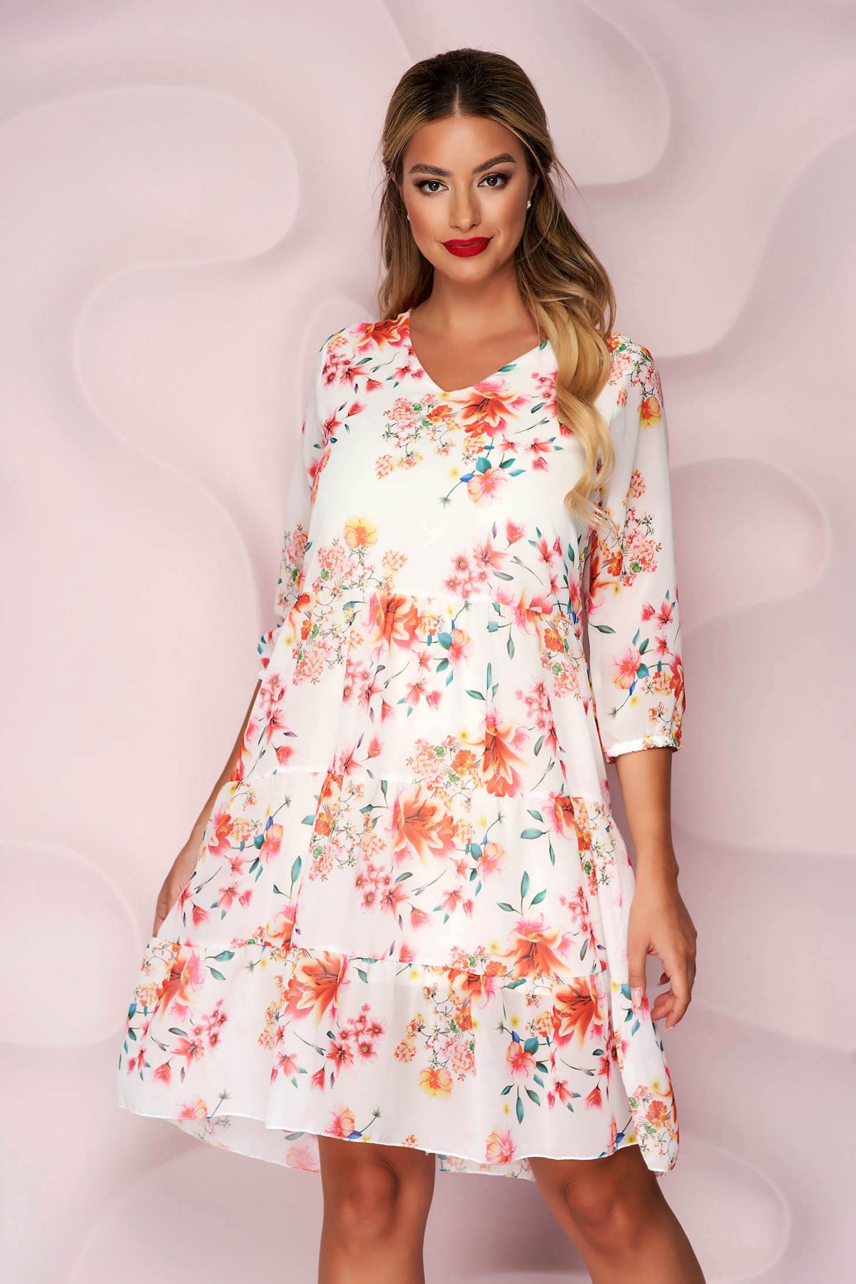 Rochie de primavara alba cu imprimeuri florale portocalii din voal cu croi larg cu volanase Lady Pandora