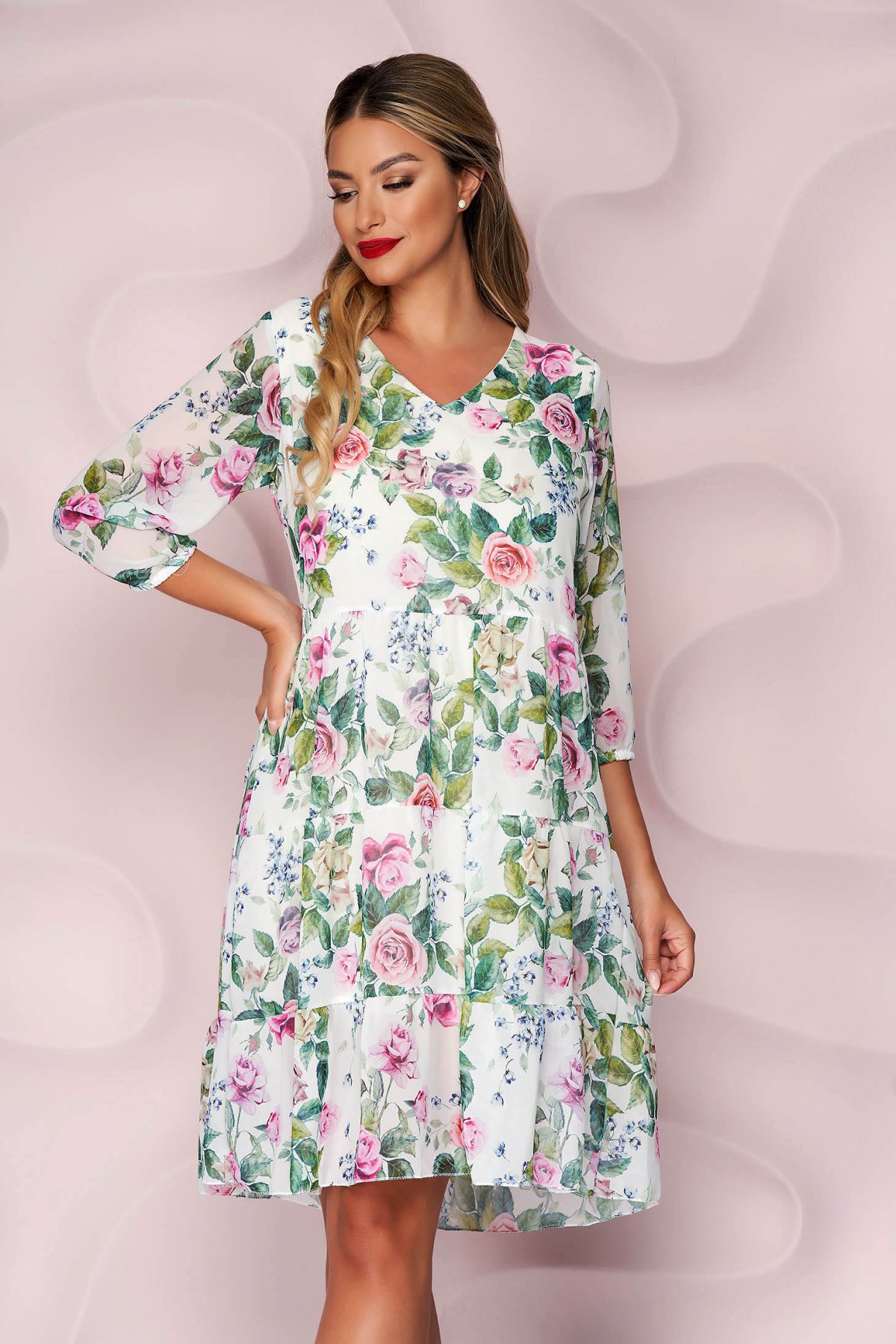 Rochie de primavara alba cu imprimeuri florale verzi din voal cu croi larg cu volanase Lady Pandora