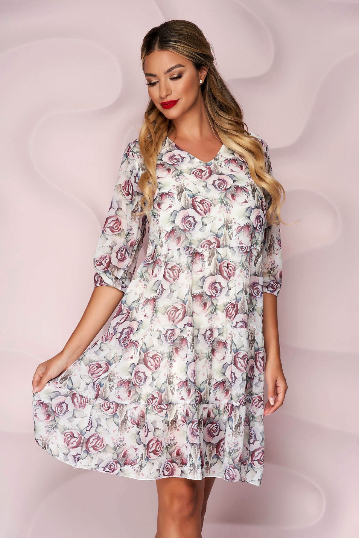 Rochie de primavara alba cu imprimeuri florale mov din voal cu croi larg cu volanase Lady Pandora