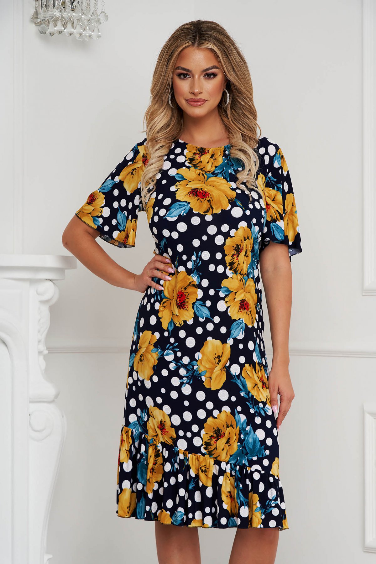 Rochie midi bleumarin de vara cu volanase si imprimeu floral galben mustar Lady Pandora