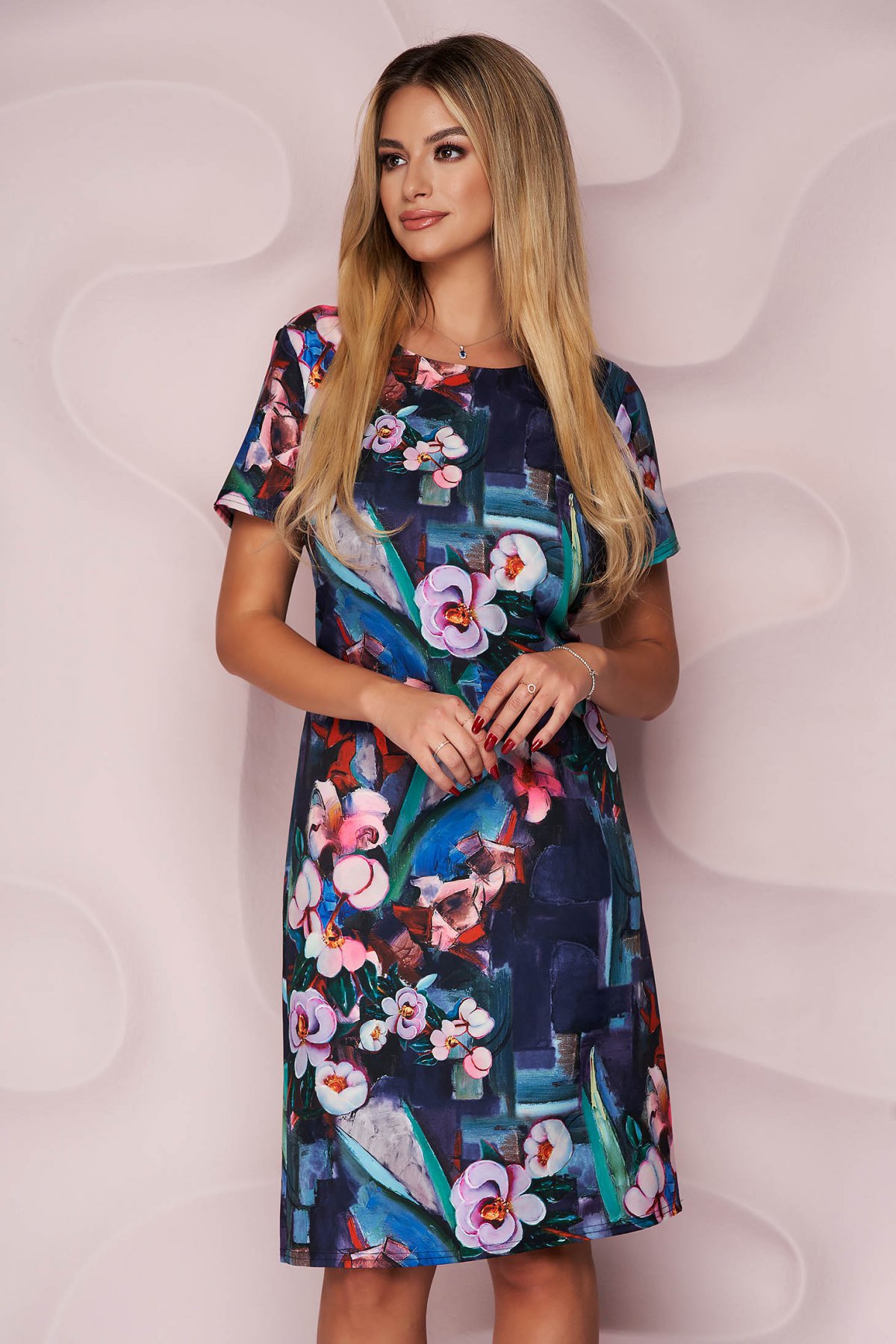 Rochie bleumarin midi office cu imprimeuri florale Lady Pandora