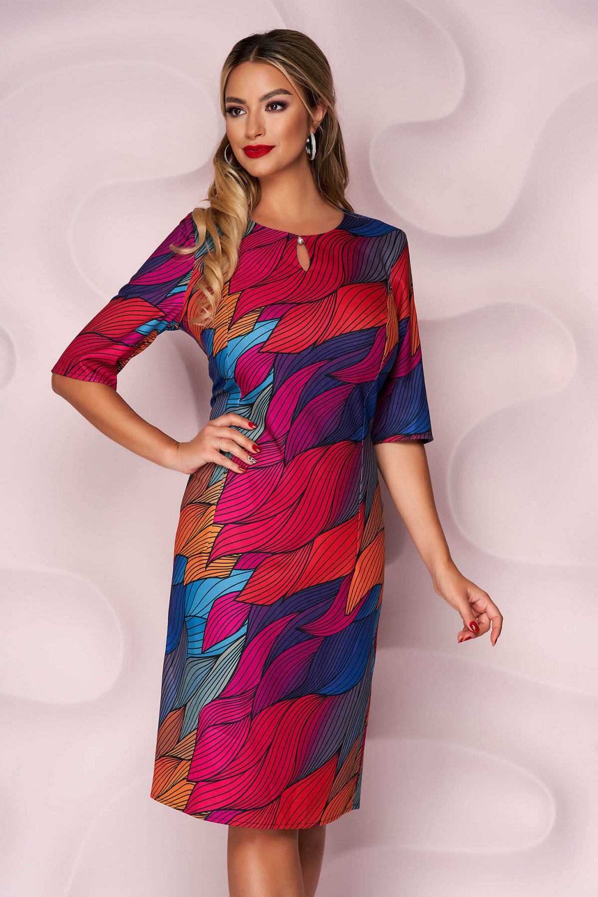 Rochie multicoloro midi office cu imprimeuri grafice Lady Pandora