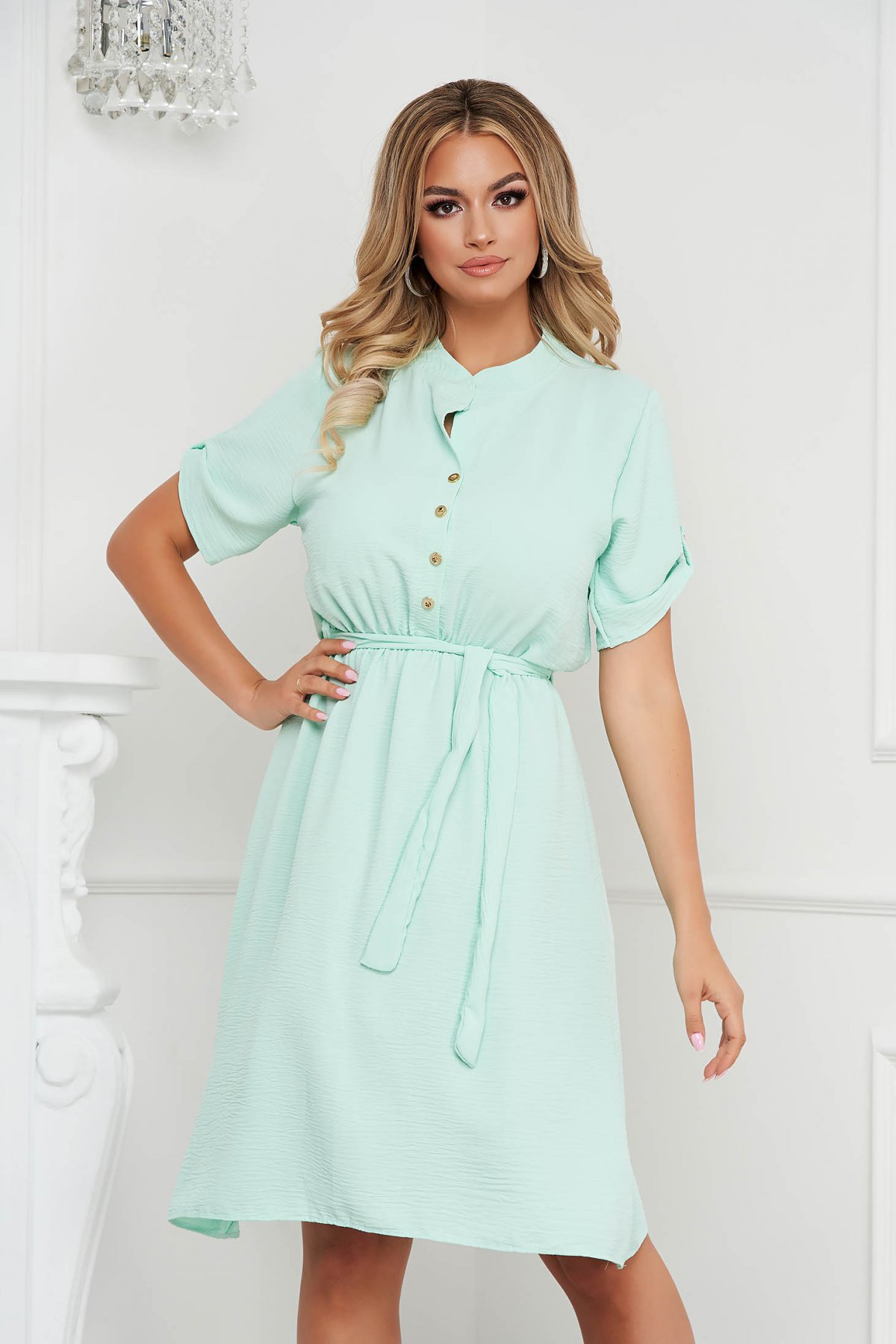 Rochie mint midi in clos cu elastic in talie din material creponat cu maneci scurte Lady Pandora