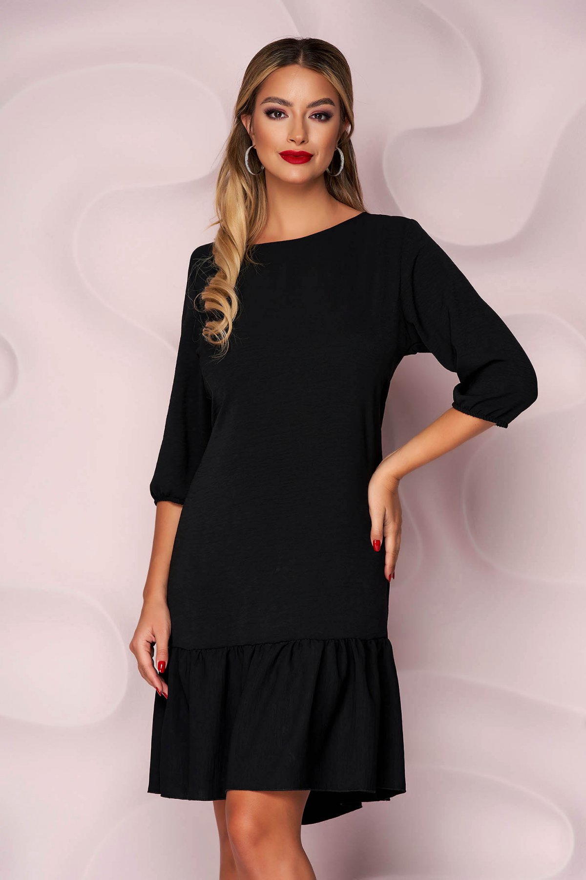 Rochie Lady Pandora neagra din voal cu croi larg cu volanase si maneci trei-sferturi