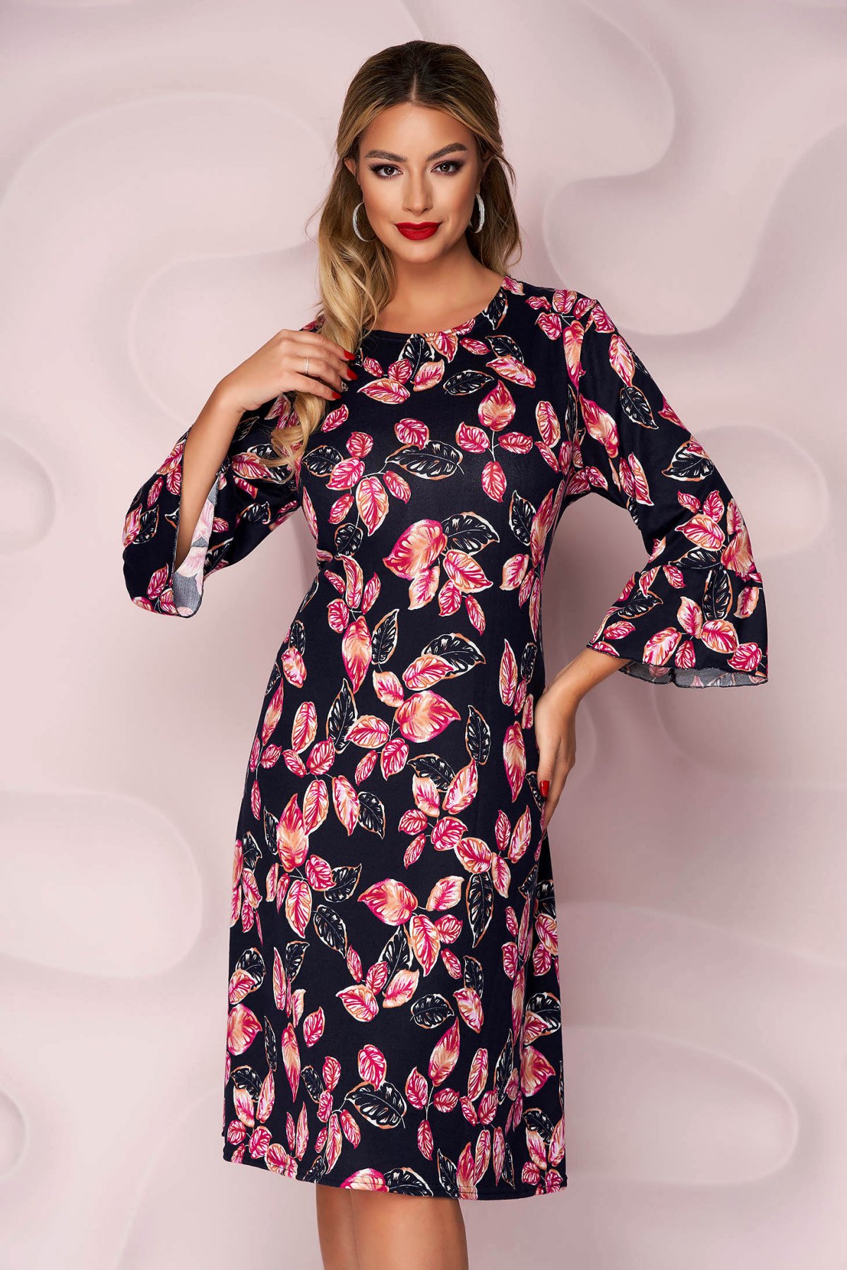 Rochie Lady Pandora office midi cu croi in a din material tricotat elastic cu imprimeu floral