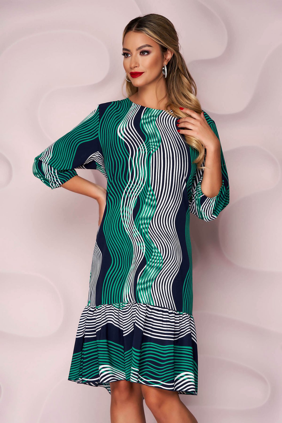 Rochie office verde midi cu volanase la terminatie Lady Pandora