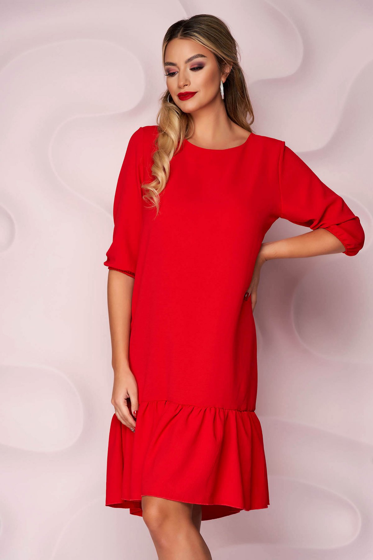 Rochie de zi rosie comoda din voal cu croi larg cu volanase Lady Pandora