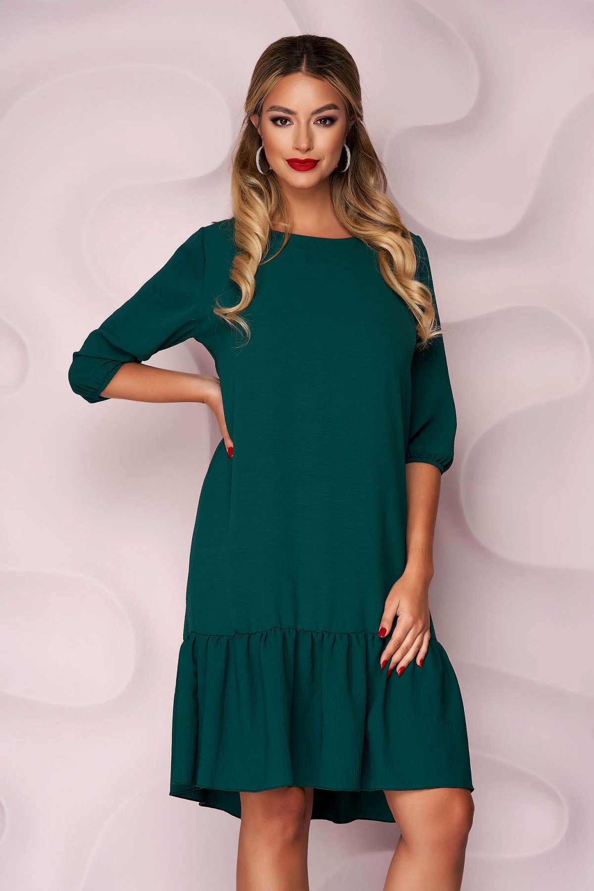 Rochie de zi verde inchis comoda din voal cu croi larg cu volanase Lady Pandora