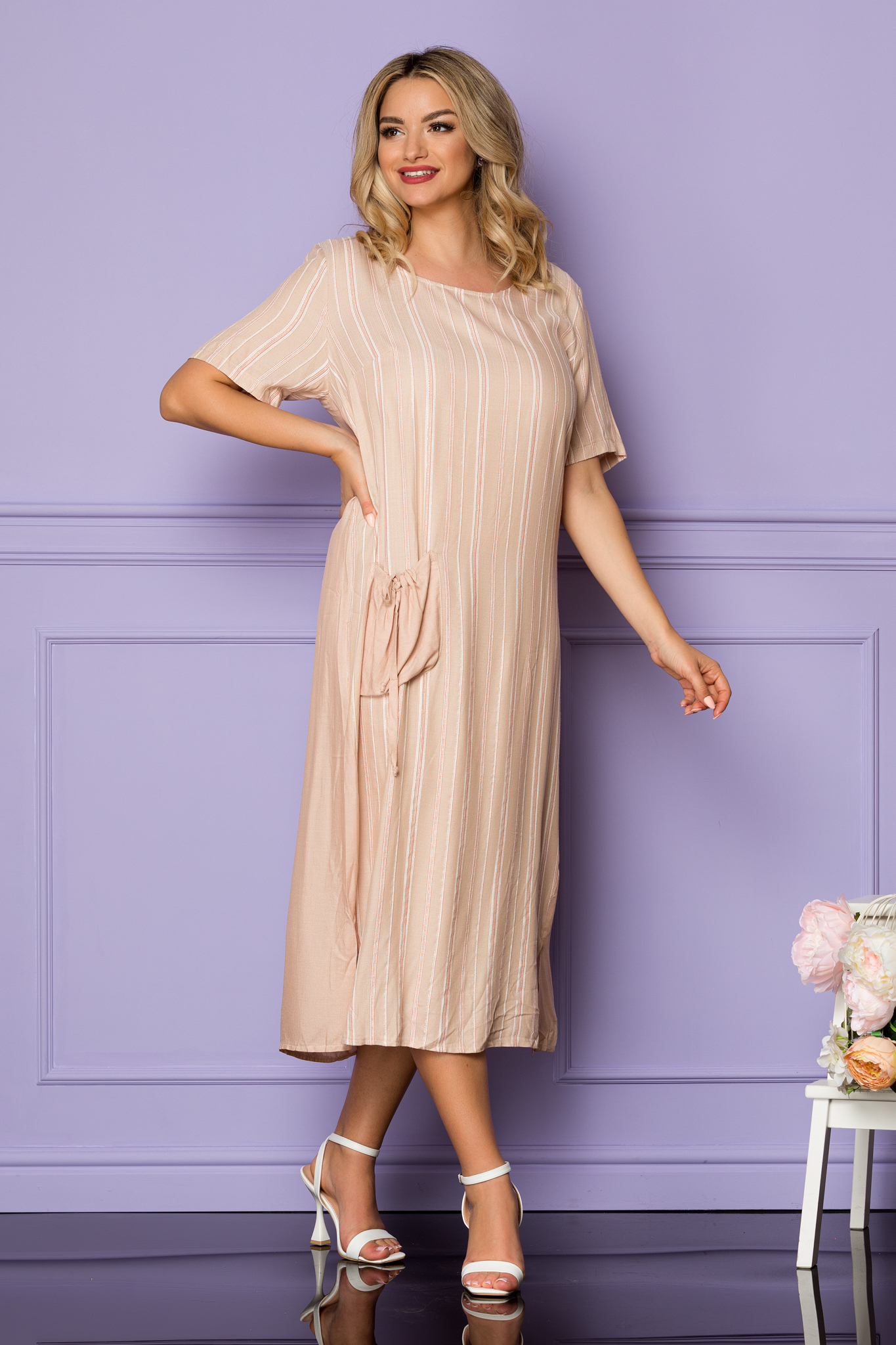 Rochie Nude casual midi de vara cu croiala lejera Yvett