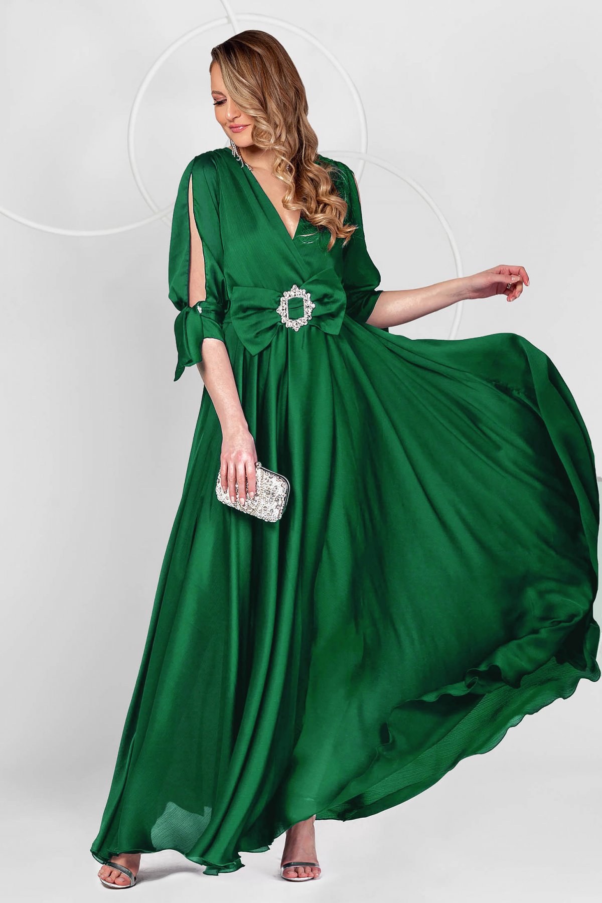 Rochie PrettyGirl verde petrol lunga de ocazie din voal clos cu elastic in talie cu maneci decupate