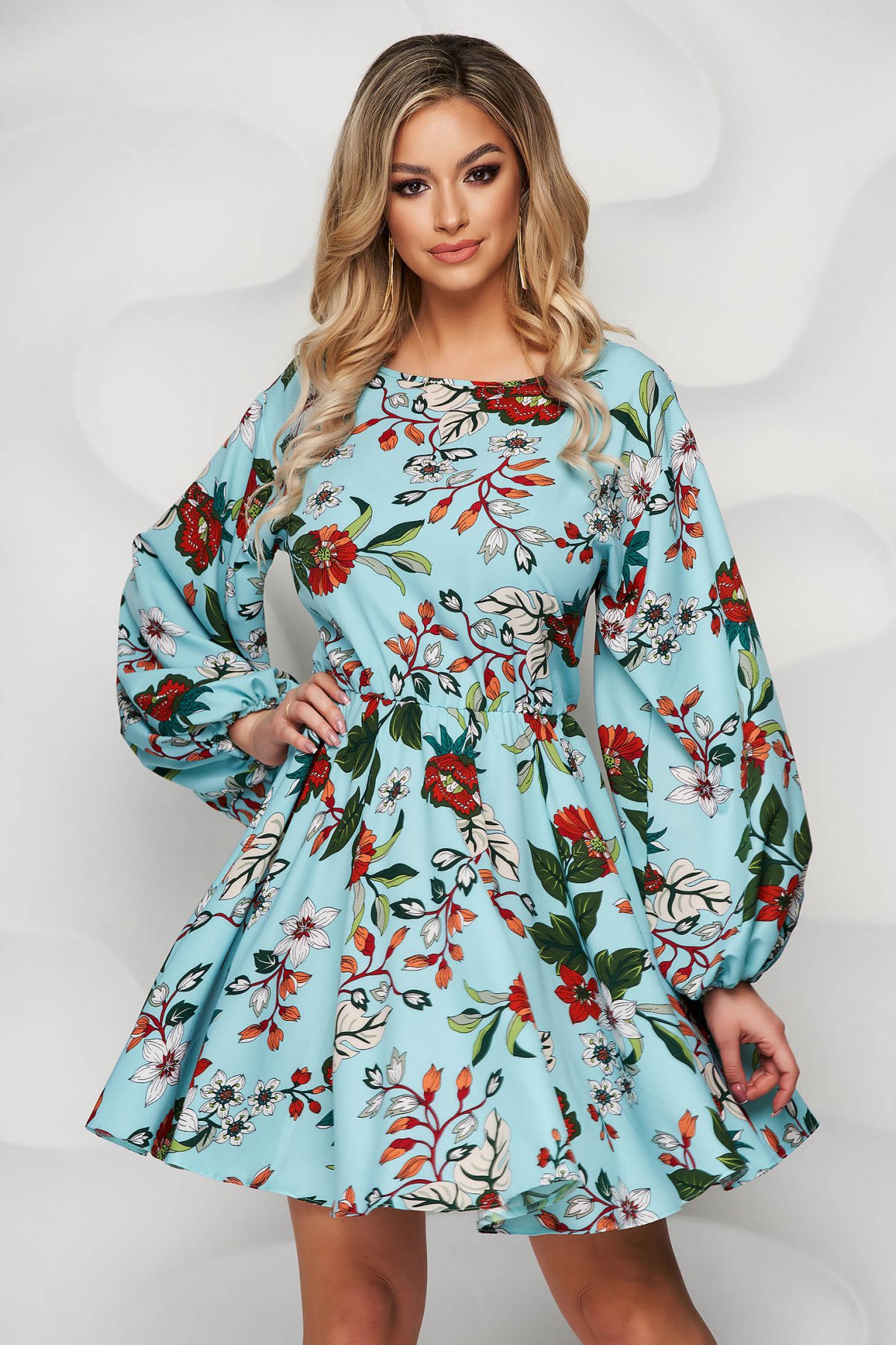 Rochie StarShinerS cu imprimeu floral in clos cu elastic in talie din material neelastic cu maneci bufante