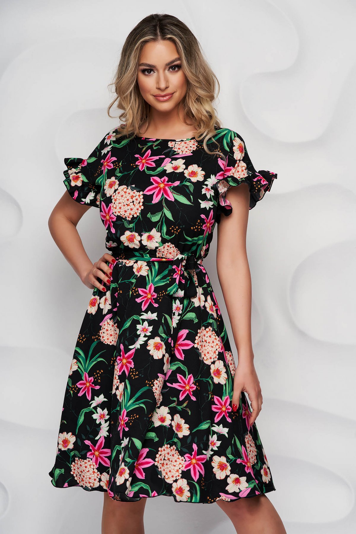 Rochie StarShinerS eleganta cu imprimeu floral midi in clos cu elastic in talie din material vaporos