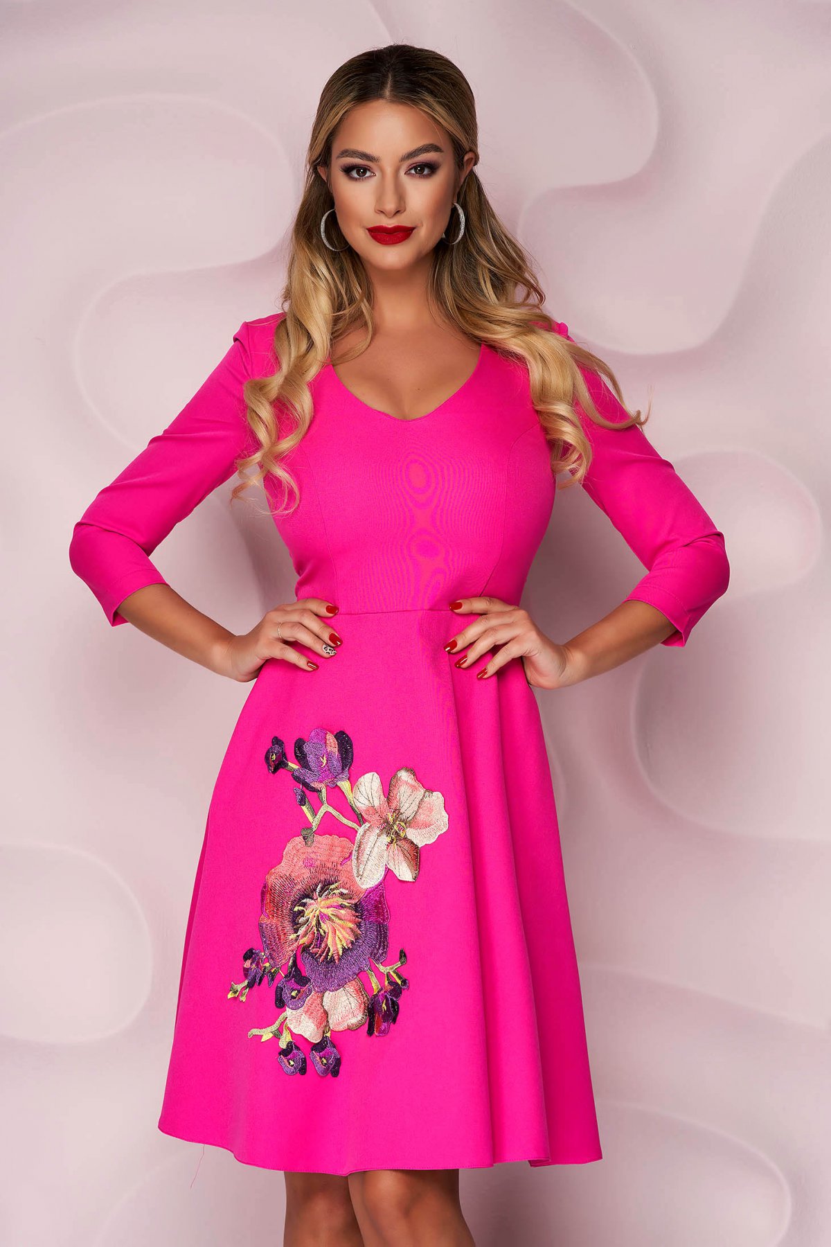 Rochie cu buzunare laterale si broderie florala fuchsia eleganta pentru ocazii speciale StarShinerS