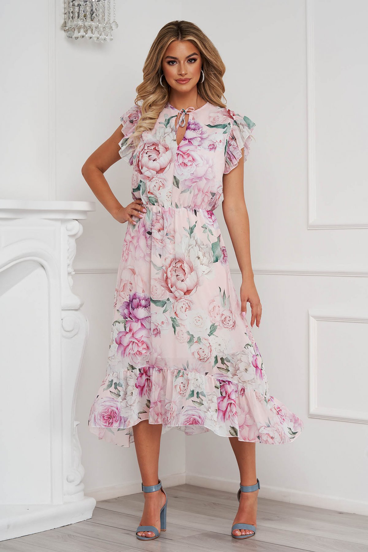 Rochie de ocazie vaporoasa roze cu imprimeuri florale pentru vara StarShinerS