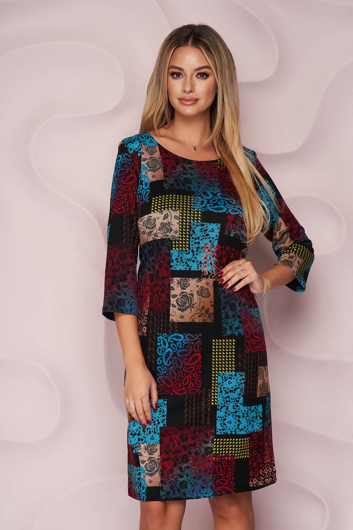 Rochie midi office multicolora tricotata cu maneci trei-sfert pentru zile insorite de toamna StarShinerS