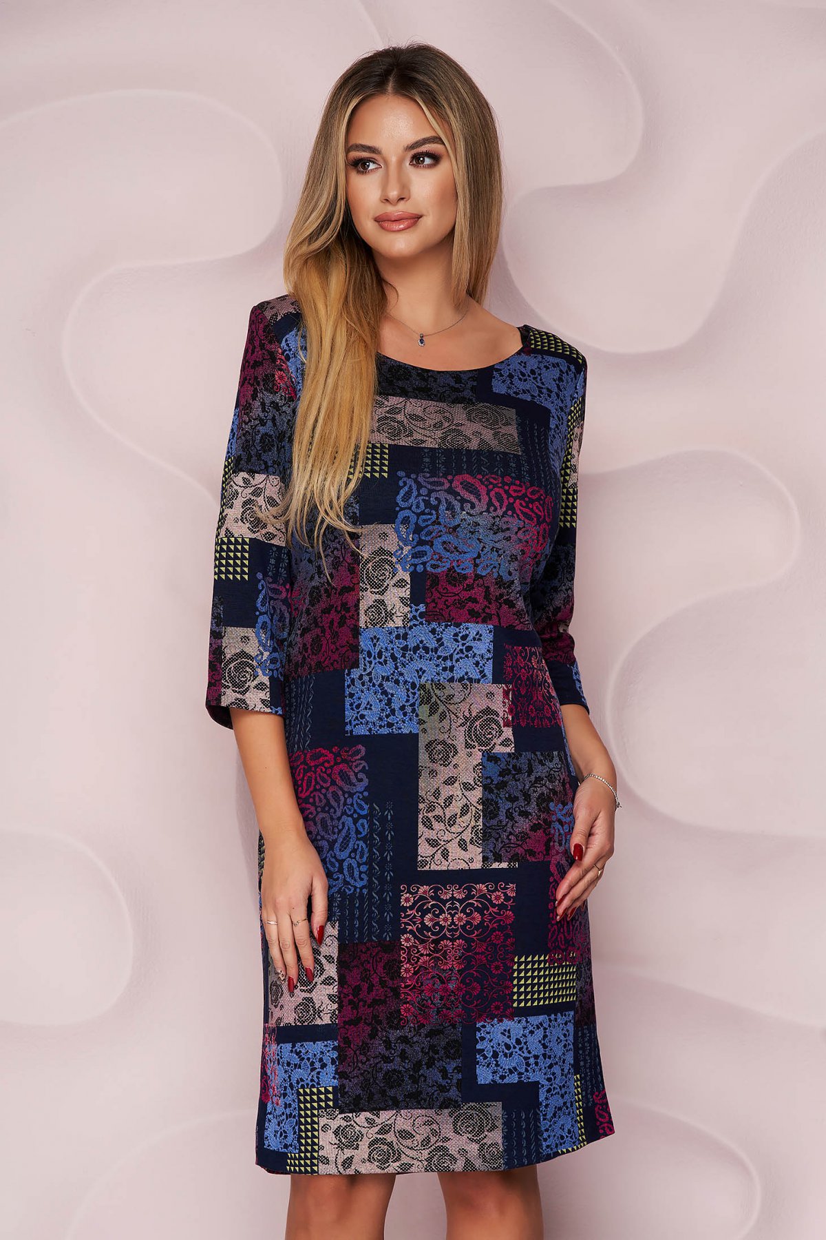 Rochie midi office bleumarin tricotata cu maneci trei-sfert pentru zile insorite de toamna StarShinerS