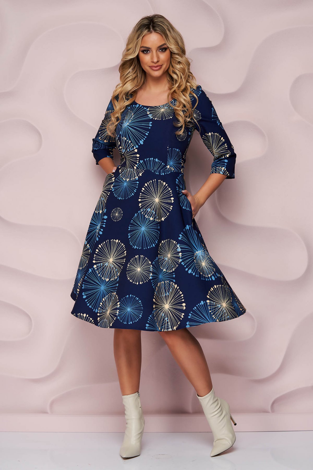 Rochie office bleumarin midi in clos cu buzunare laterale din material neelastic StarShinerS