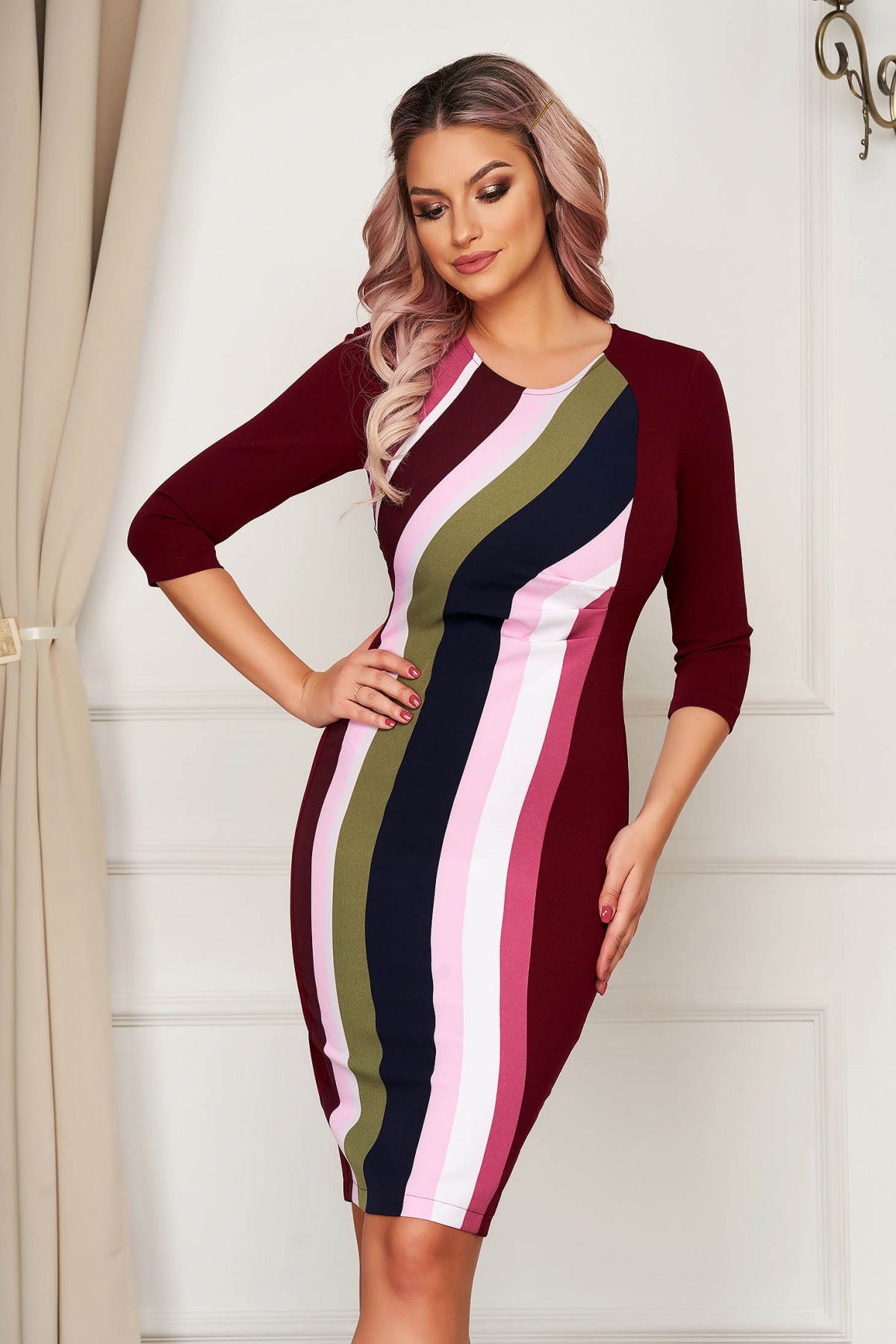 Rochie office bordo midi tip creion din material usor elastic cu dungi StarShinerS