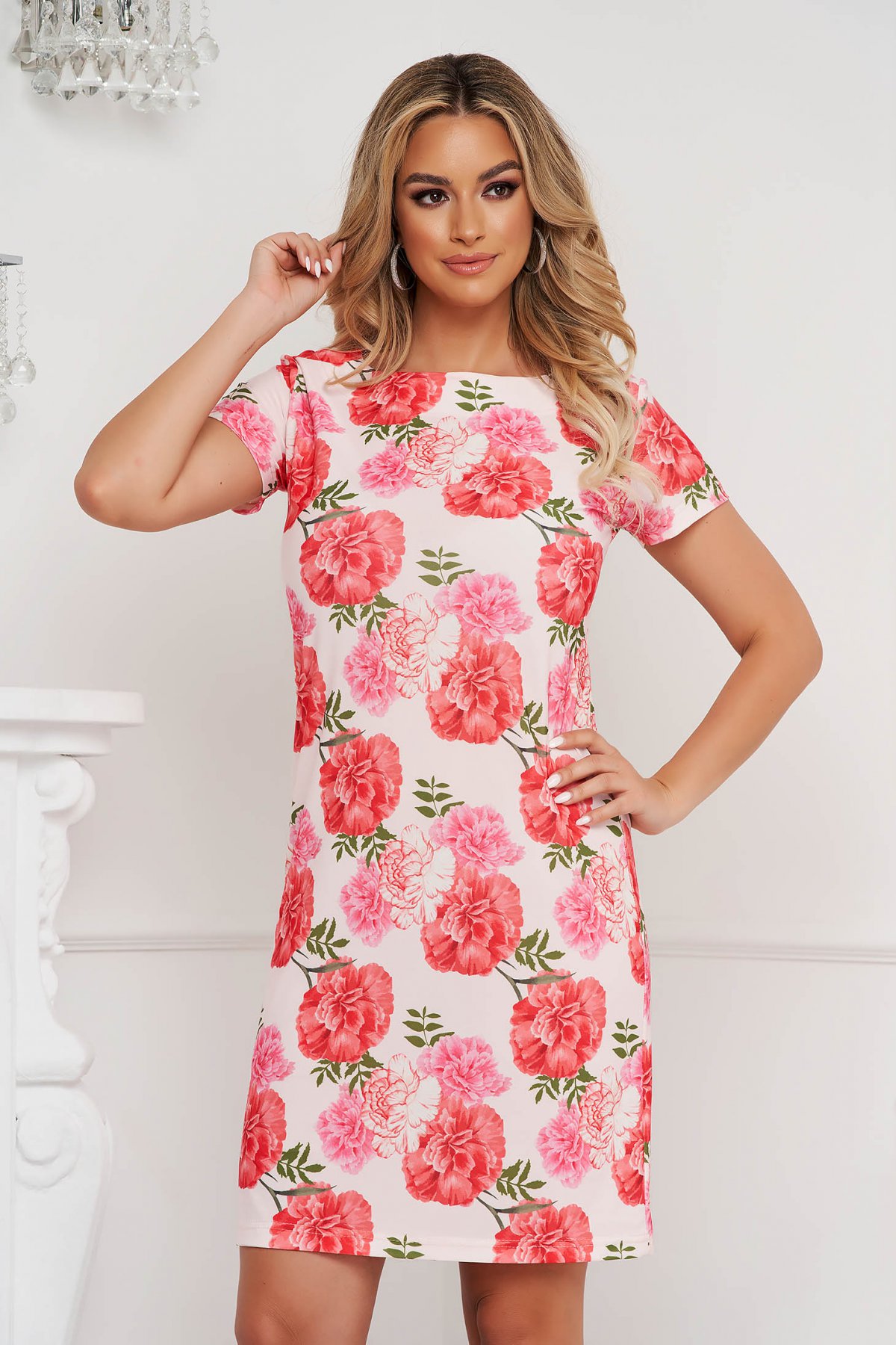 Rochie StarShinerS office scurta din material elastic cu un croi drept si imprimeu floral unic