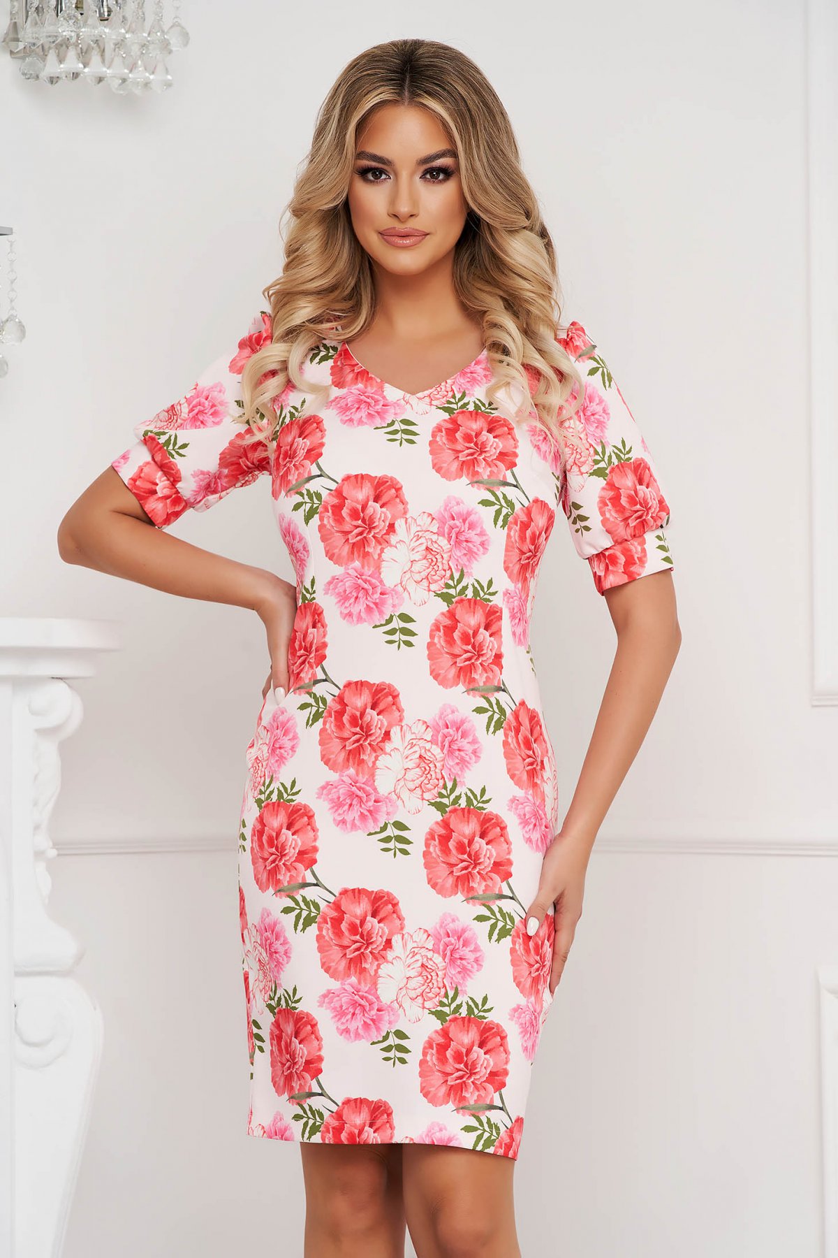 Rochie StarShinerS office corai scurta tip creion din stofa neelastica subtire cu imprimeu floral unic