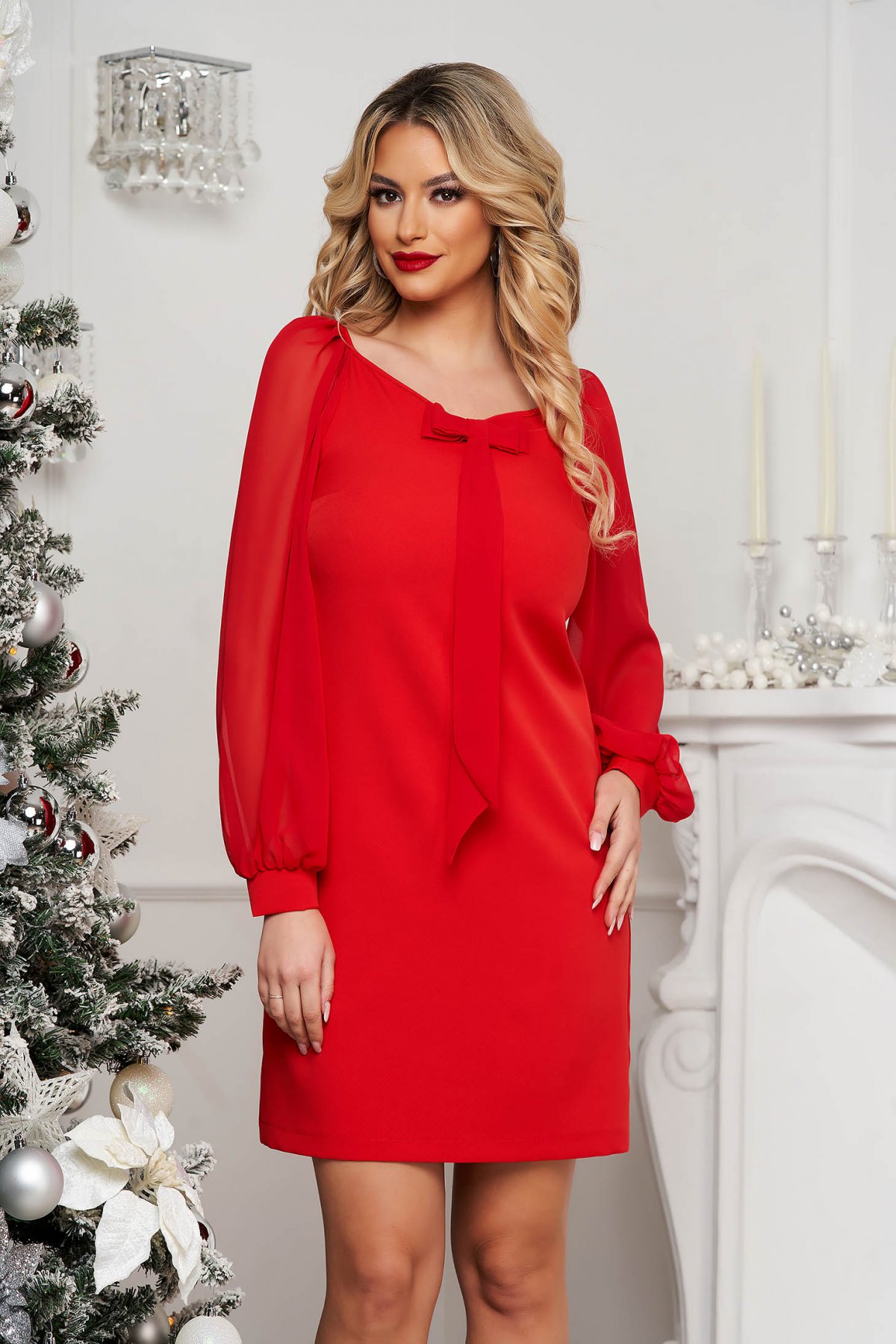 Rochie eleganta rosie cu maneci din voal si brosa cu fundita in zona decolteului rotund StarShinerS