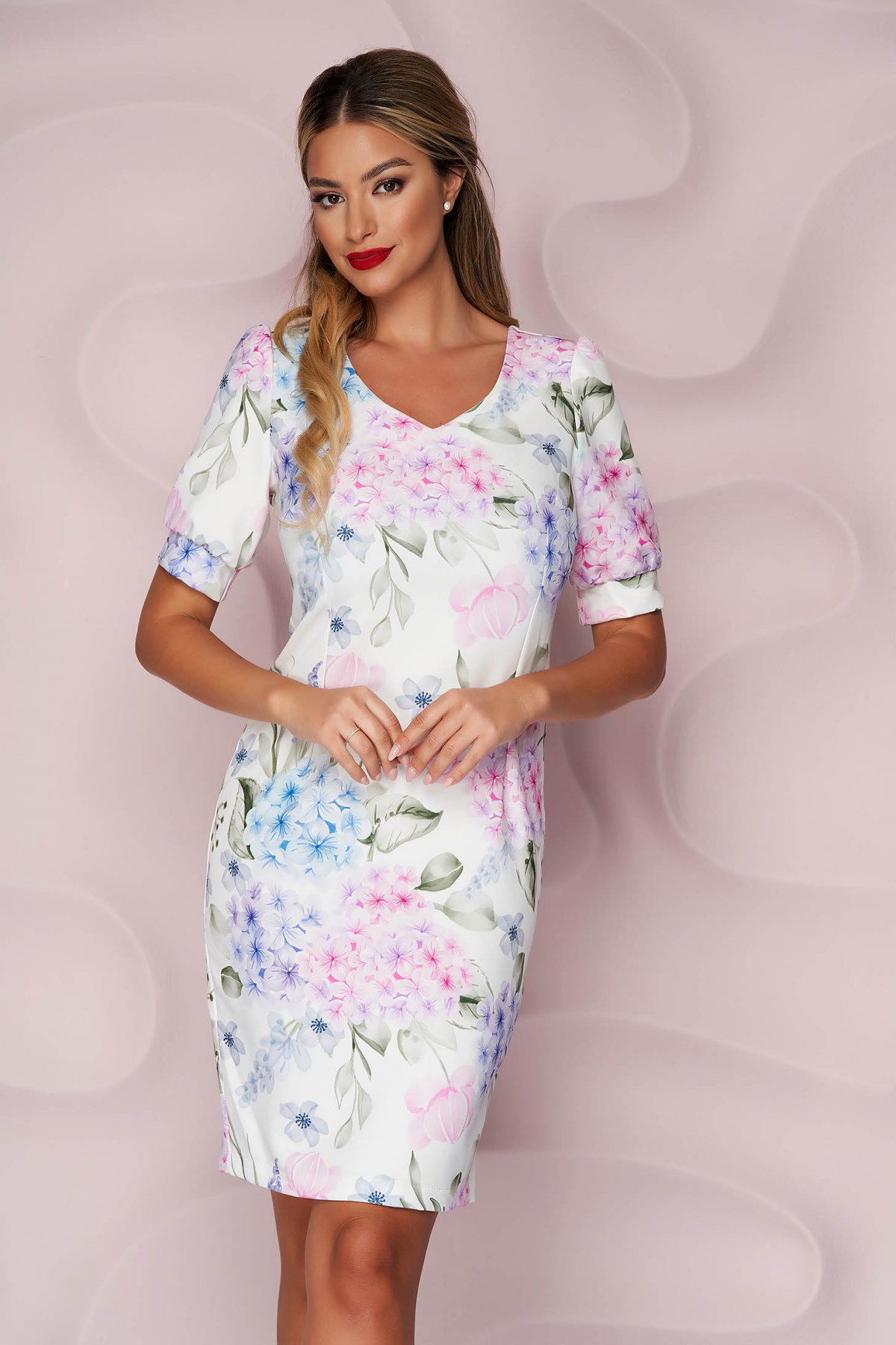 Rochie scurta vernil office tip creion din stofa neelastica cu imprimeu floral unic StarShinerS