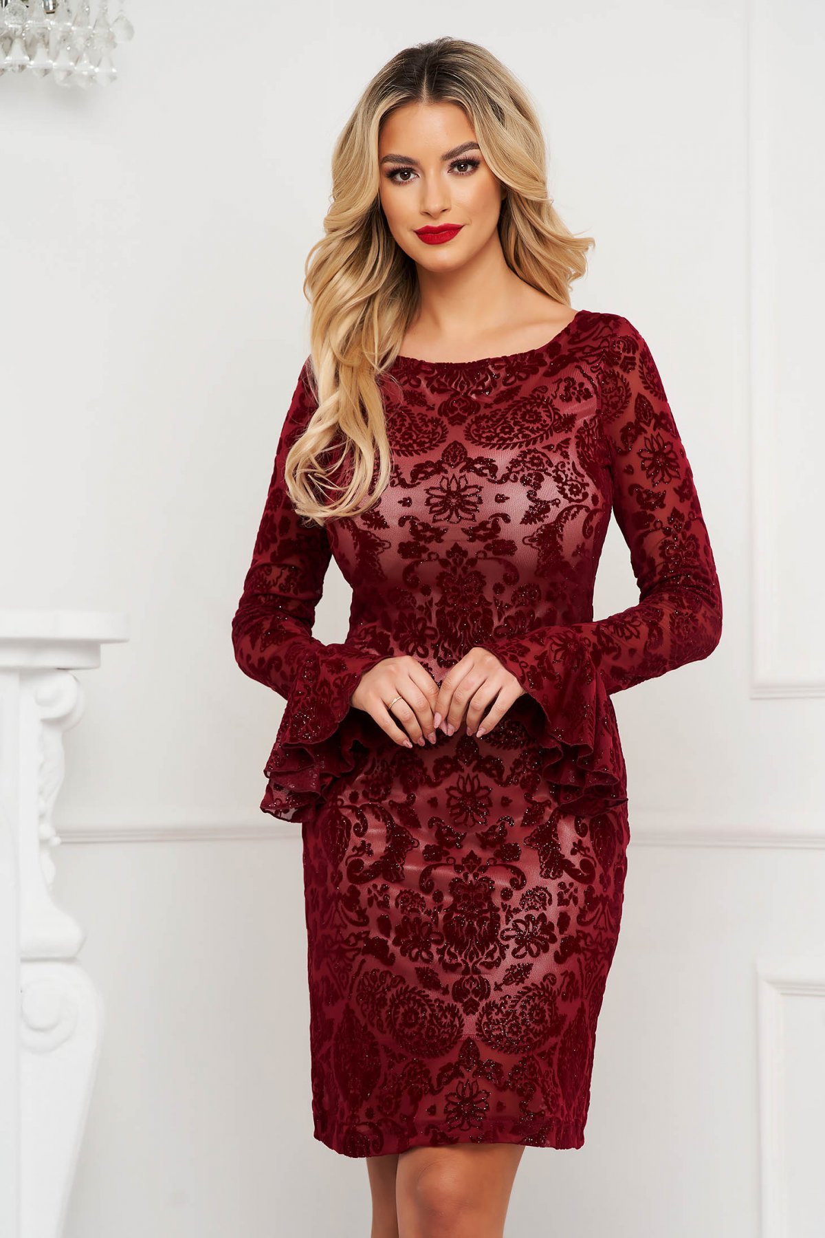 Rochie eleganta de soacra visinie de ocazie din dantela si catifea StarShinerS