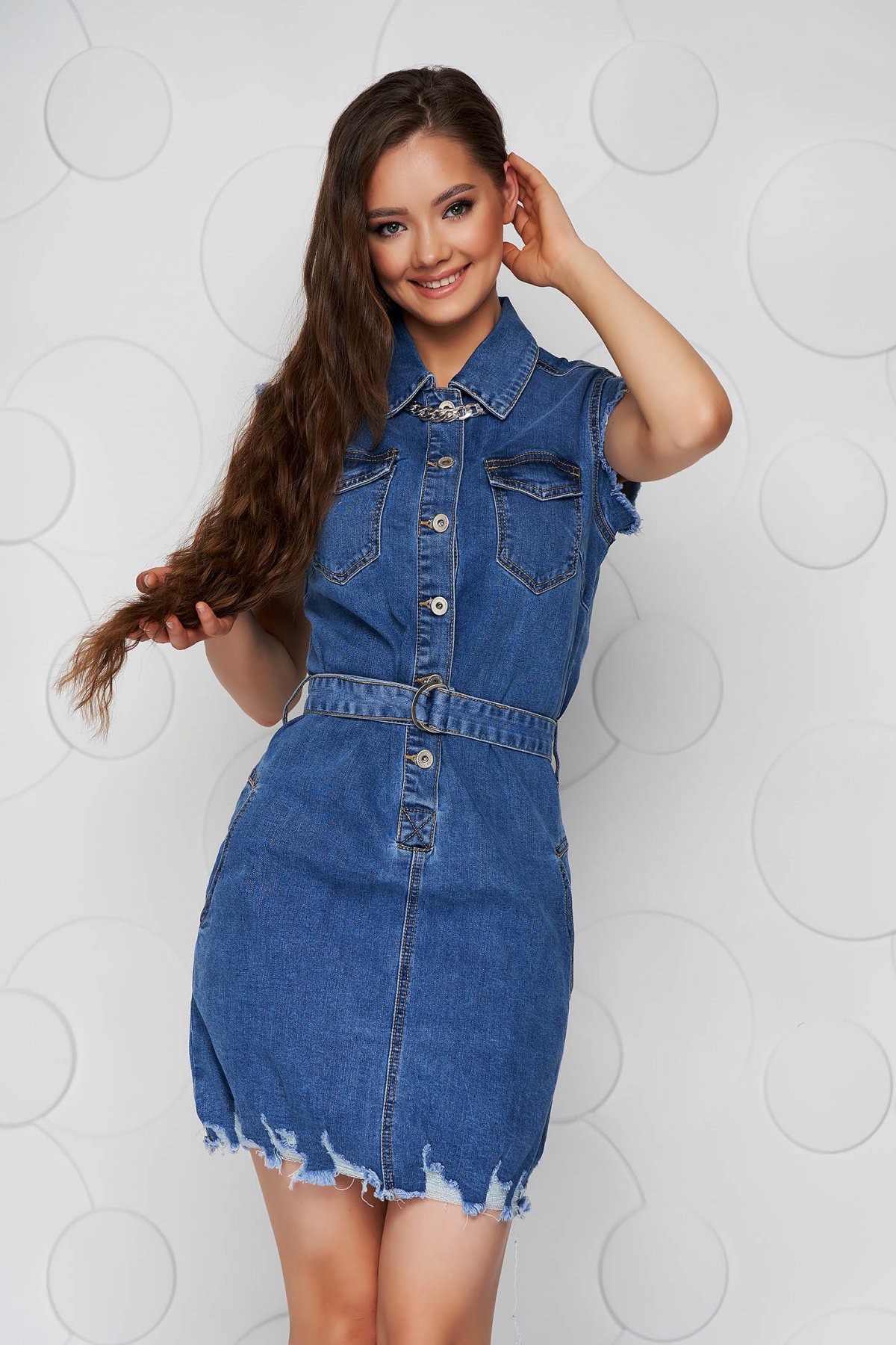 Rochie SunShine albastra casual scurta din denim fara maneci cu buzunare