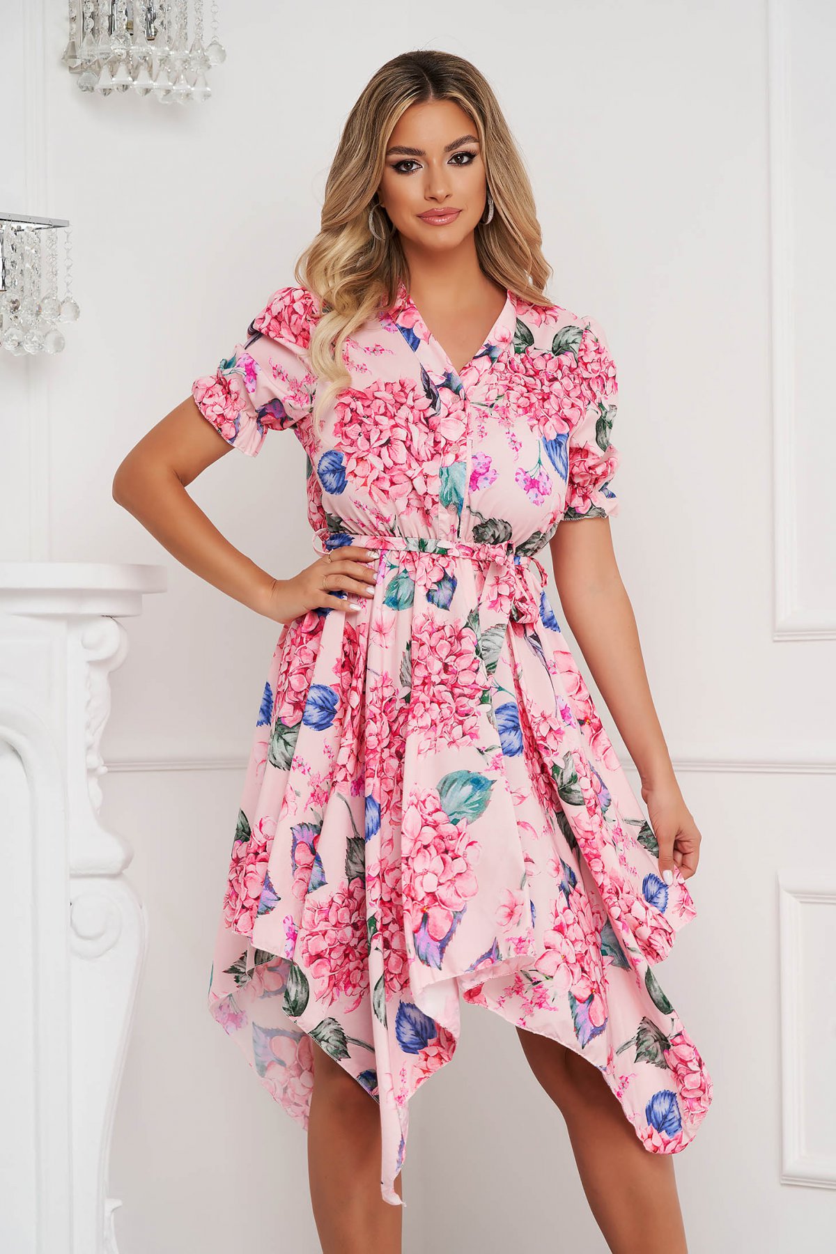 Rochie SunShine asimetrica in clos cu elastic in talie din material fin la atingere cu imprimeu floral