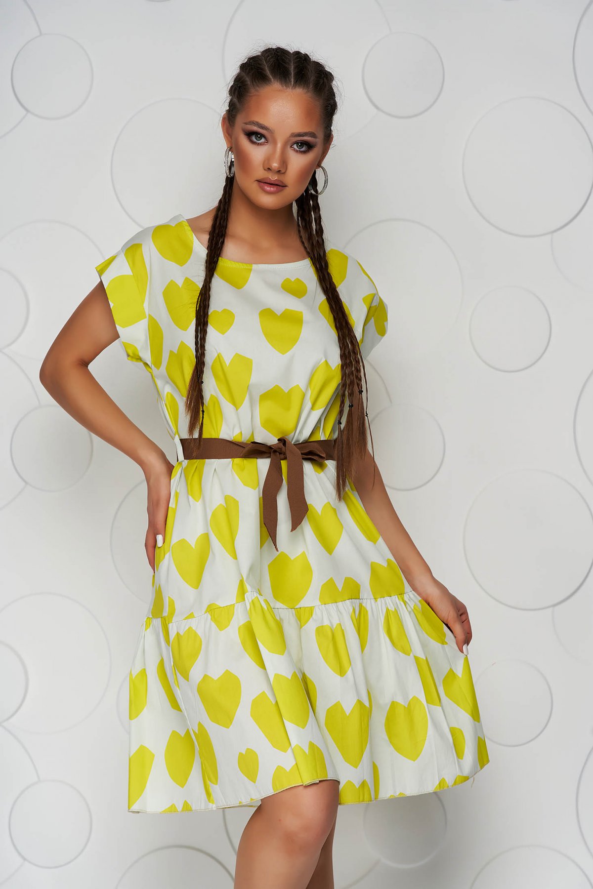 Rochie SunShine midi din bumbac cu croi larg si maneci scurte