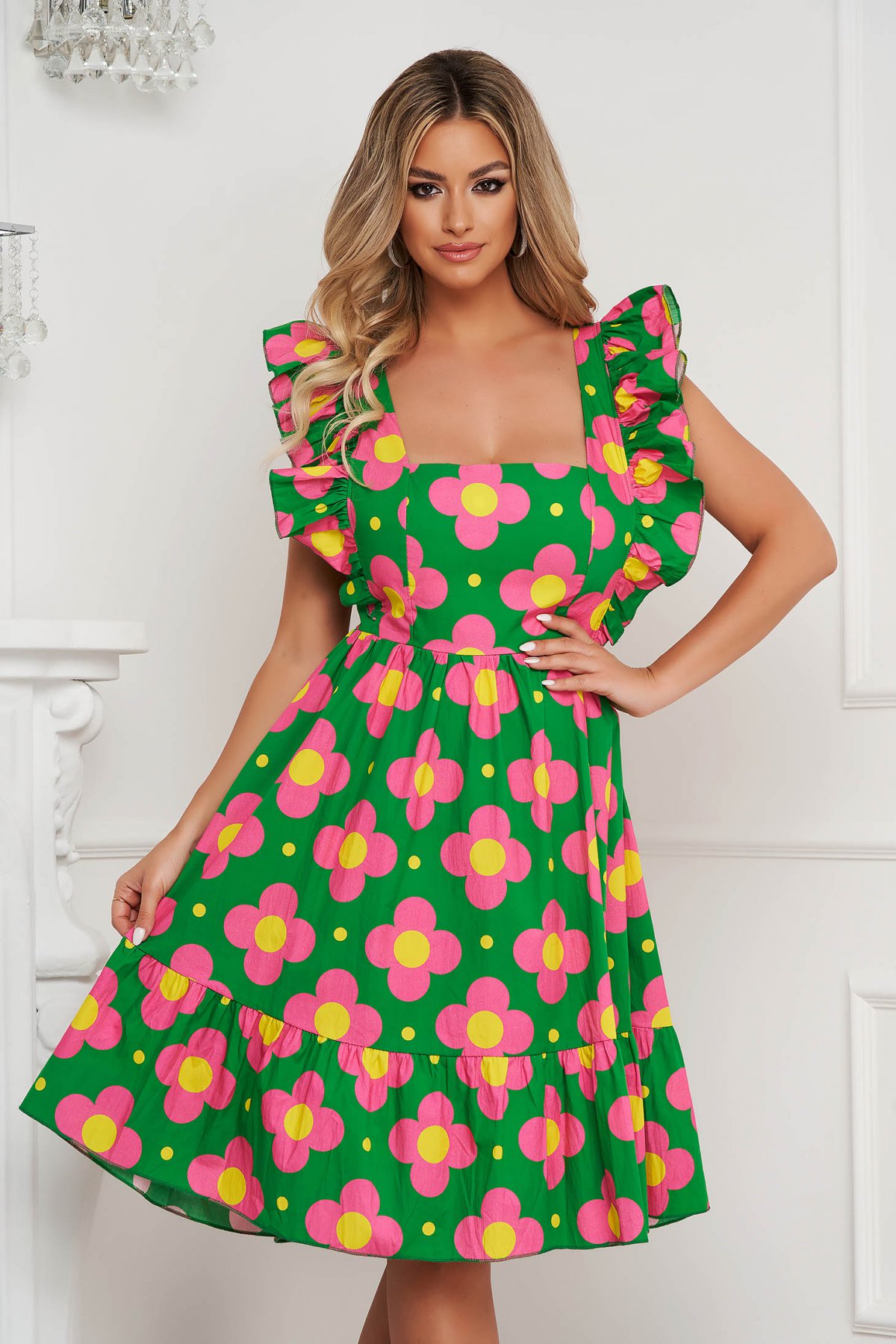 Rochie de vara verde midi din bumbac cu spatele gol si imprimeuri florale colorate SunShine