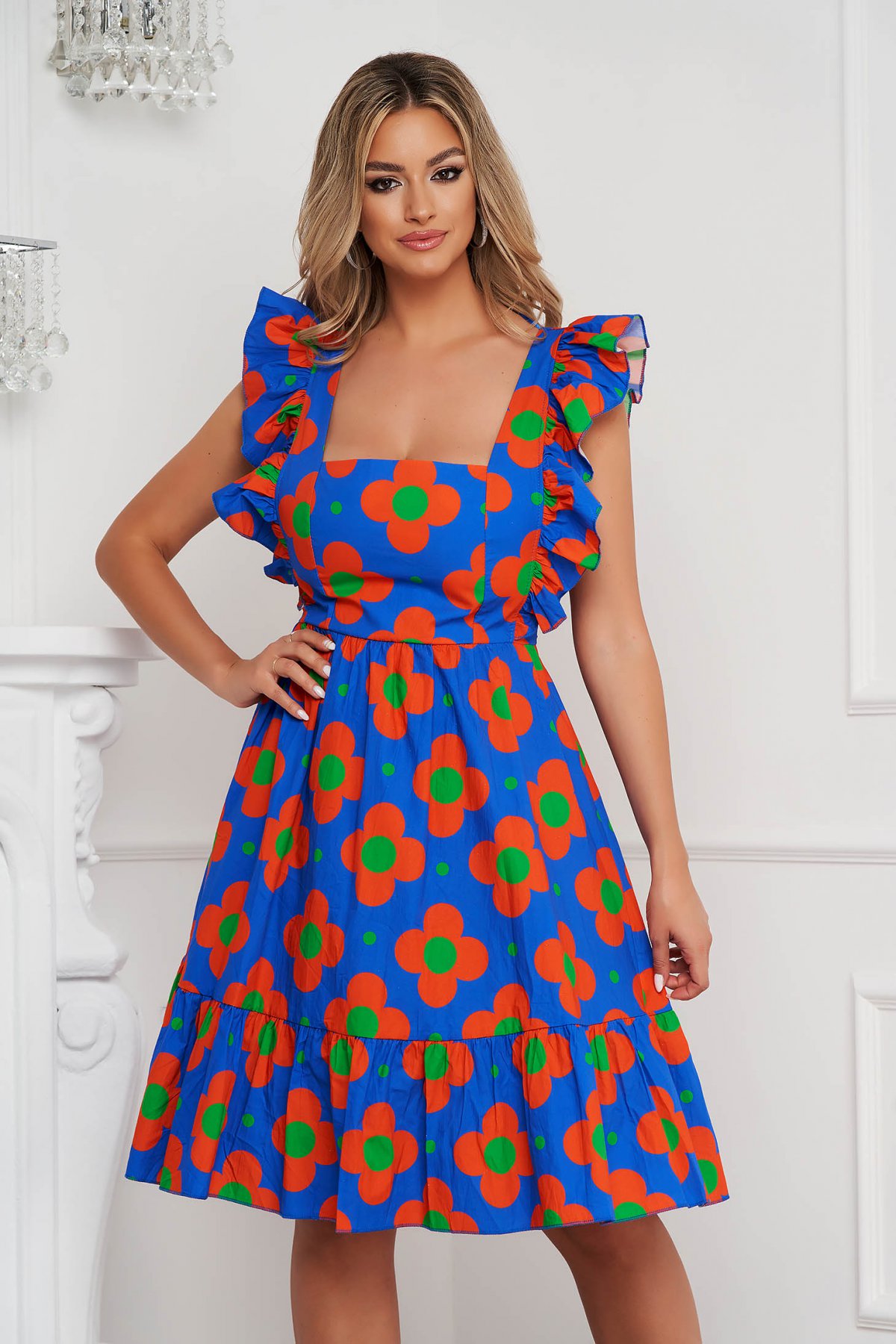 Rochie SunShine midi in clos din bumbac cu spatele gol si volanase la maneci si terminatie