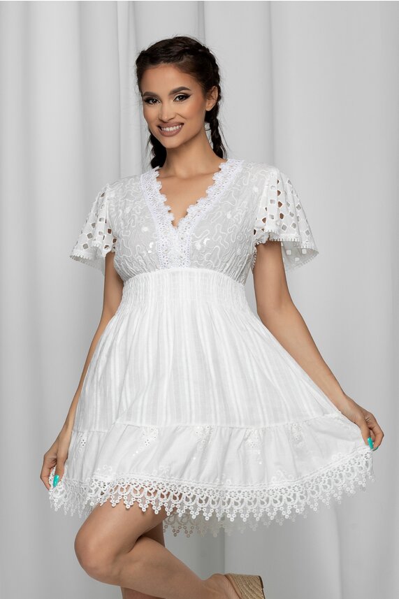 Rochie alba de vara scurta si broderie cu paiete   Roxy