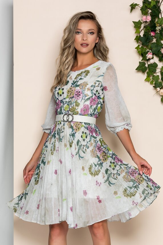 Rochie alba eleganta din voal si imprimeu floral    Georgina