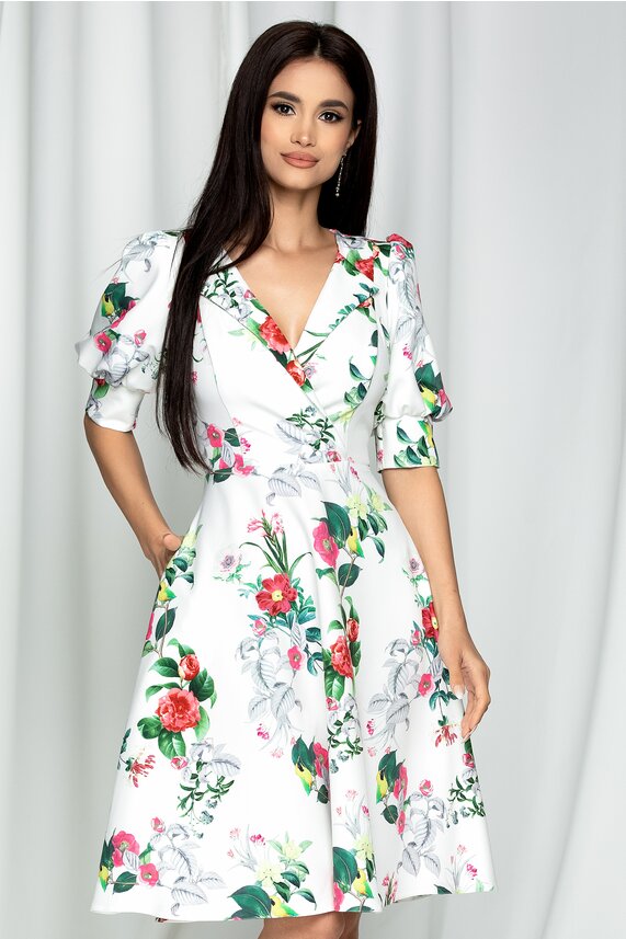 Rochie alba eleganta in clos si imprimeu floral    MBG