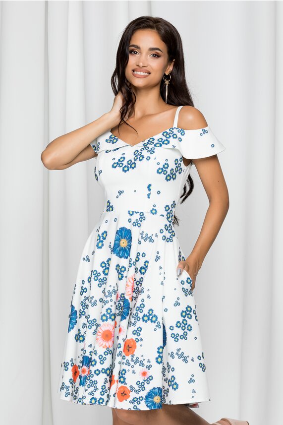 Rochie alba in clos eleganta si imprimeu floral    MBG