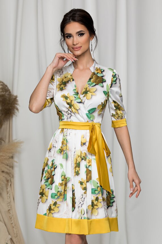 Rochie alba in clos satinata si imprimeu floral    MBG