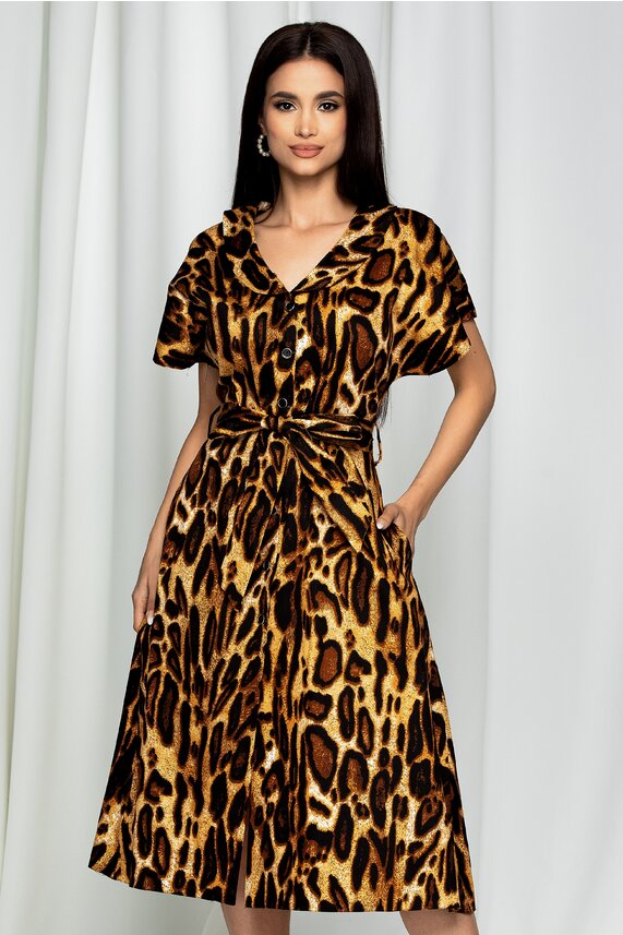 Rochie animal print midi cu guler tip colier si maneci scurte cu cordon si nasturi  Esen