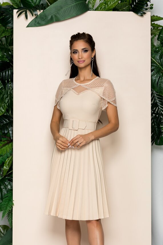 Rochie bej accesorizata din tulle si broderie cu maneci si decolteului cu pliuri Harieta