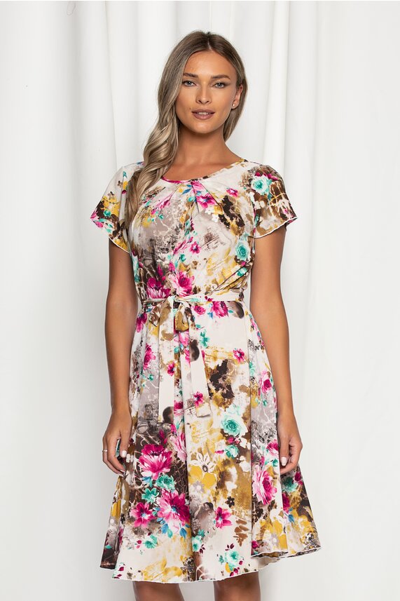 Rochie bej de vara cu imprimeu floral si maneci scurte Missa