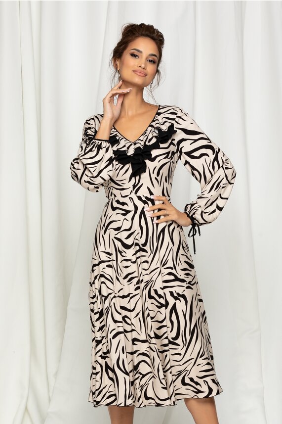 Rochie bej de zi cu animal print si maneci lungi Leonard Collection