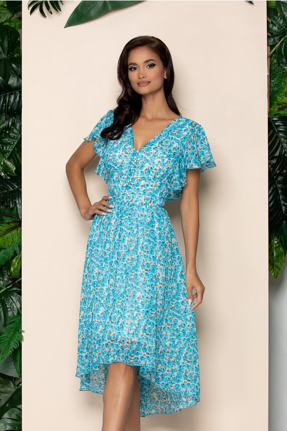 Rochie bleu cu imprimeu floral accesorizata cu nasturi   Karisa