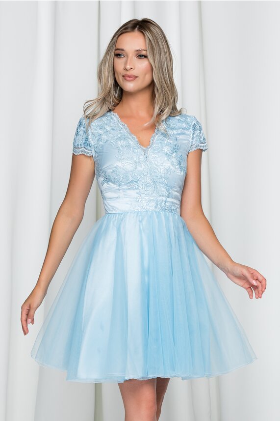 Rochie bleu eleganta cu decolteu in V si maneci scurte din tulle si fermoar  Ella Collection Julia