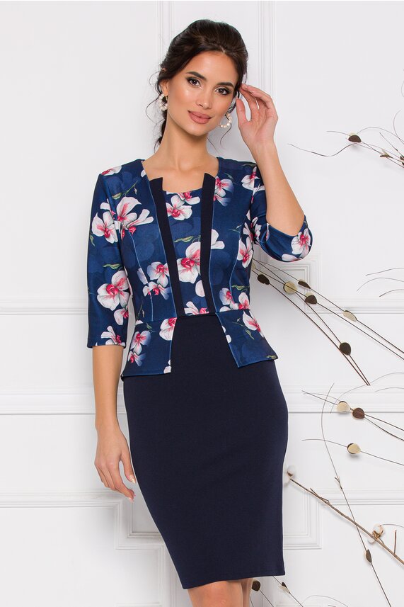 Rochie bleumarin conica cu peplum in talie si maneci trei sferturi Anisia