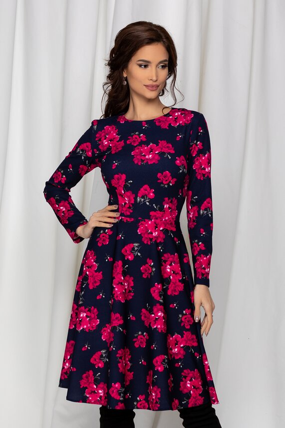 Rochie bleumarin de zi cu imprimeu floral si maneci lungi Dy Fashion