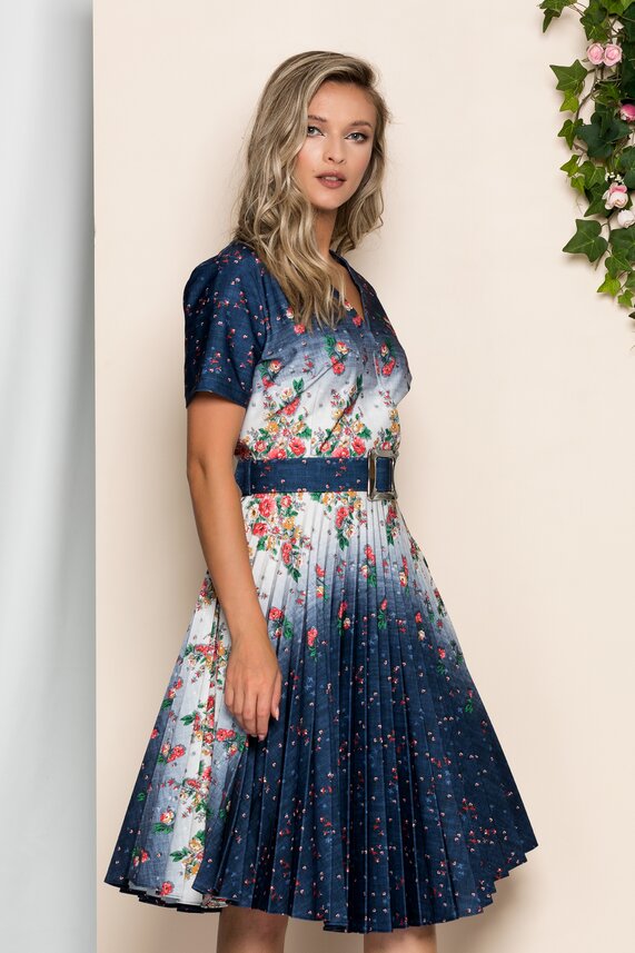 Rochie bleumarin de zi cu imprimeu floral     Iustina